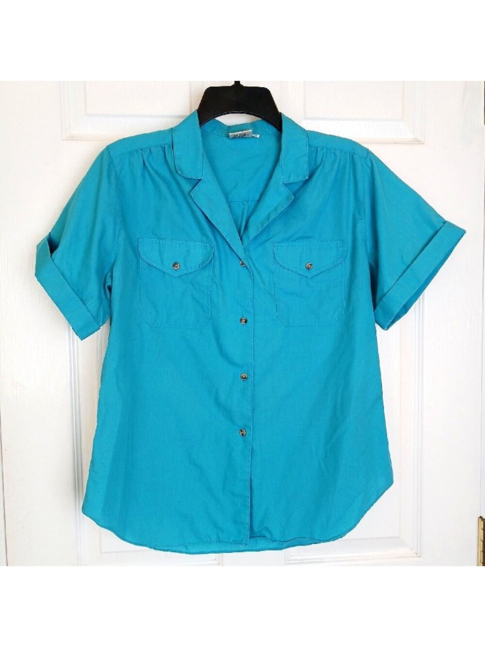 VTG Nordstrom Town Square Sz 14 Short Sleeve Blouse Shirt Aqua Pocket #D-23